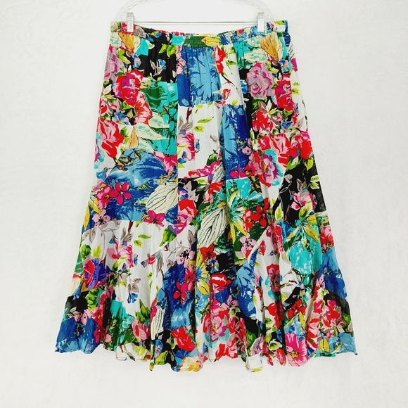 Lie Style Floral Multicolor Cotton Summer Pleated Lagenlook Midi Skirt P1066 - Picture 1 of 6